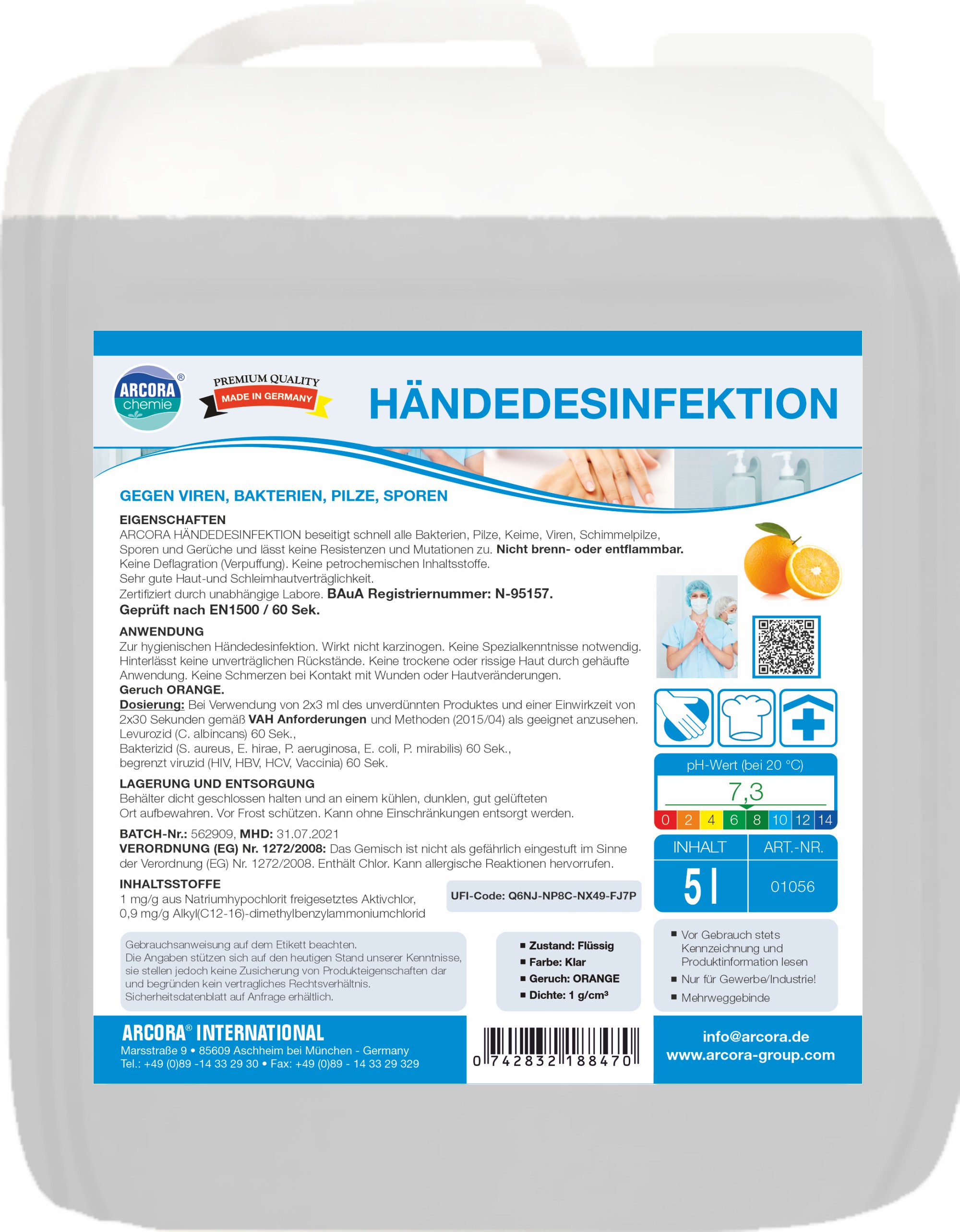 Händedesinfektionsmittel
auf Chlorbasis mit Orangenduft